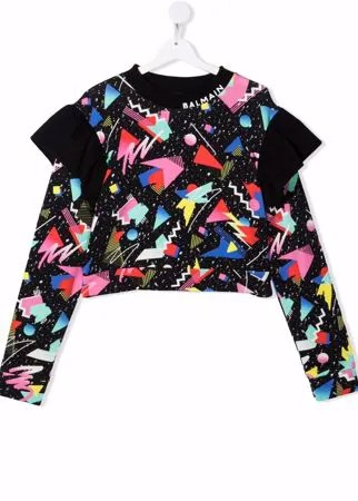 Balmain Kids толстовка с оборками и графичным принтом