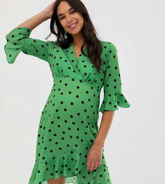 Чайное платье миди в зеленый горошек и с запахом спереди Blume Maternity