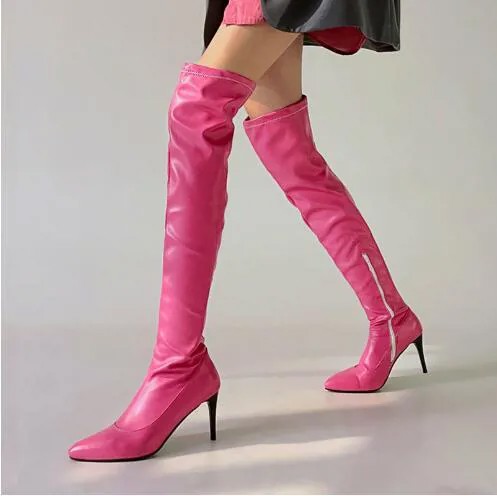 Ботфорты Женские однотонные на скрытой молнии, пикантные облегающие эластичные сапоги выше колена, розовые, черные, серебристые, на осень