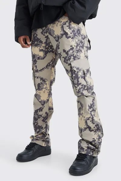Узкие брюки карго с расклешенной ластовицей и фиксированной талией Pixel Camo boohooMAN, бежевый