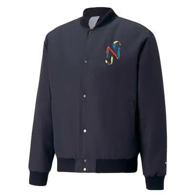 Puma Nmj X Bomber Graphic Button Down Jacket Мужская синяя повседневная спортивная верхняя одежда