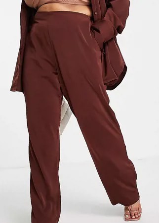 Атласные брюки шоколадного цвета от комплекта без застежки ASOS DESIGN Curve-Коричневый цвет