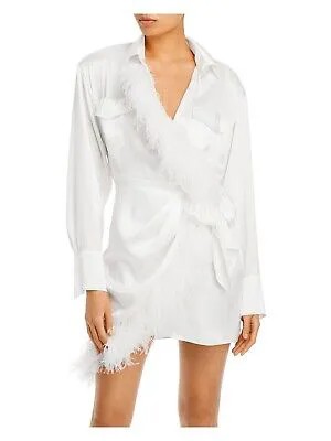 DAVID KOMA Женское белое мини-платье с запахом и завязками на рукавах с перьями без подкладки 8