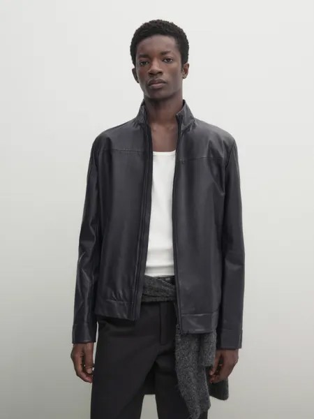 Синяя кожаная куртка наппа Massimo Dutti, синий