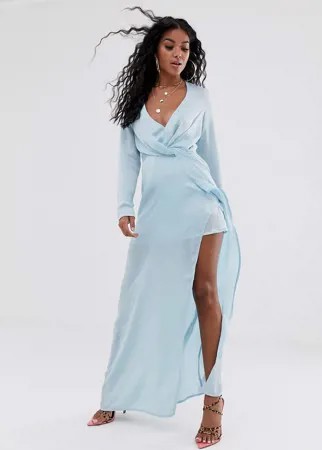 Синее атласное платье макси с высоким разрезом Missguided-Синий
