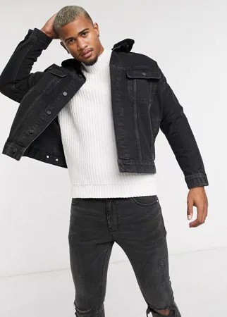 Черная выбеленная джинсовая куртка oversized со съемным воротником из искусственного меха ASOS DESIGN-Черный