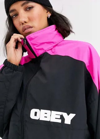Oversize-куртка в стиле колор блок с принтом на спине Obey-Черный