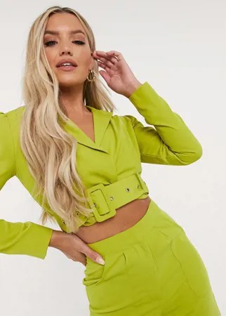 Короткий пиджак лаймового цвета с поясом Unique21-Зеленый цвет