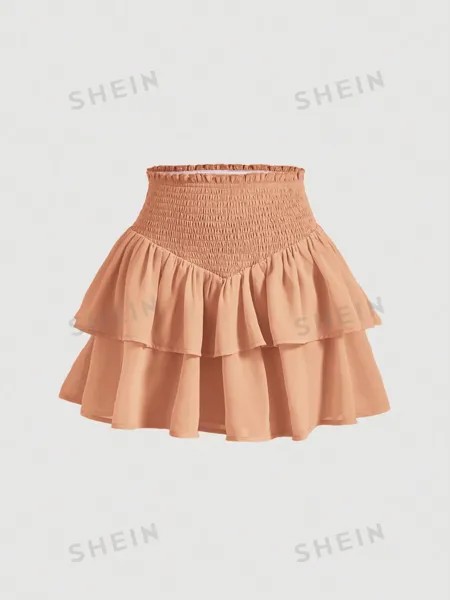 SHEIN MOD SHEIN MOD женская двухслойная мини-юбка с асимметричным подолом и рюшами и присборенной талией, апельсин