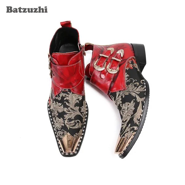Batzuzhi рок Для мужчин, кожаные ботильоны в ковбойском стиле Для мужчин с металлическим носком и с пряжкой; Сапоги для мужчин вечерние Свадебна...