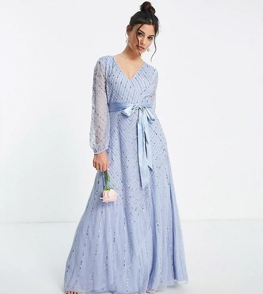 Платье макси синего цвета для подружки невесты с запахом Frock and Frill Petite-Голубой