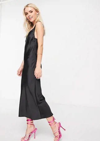 Атласное черное платье-комбинация миди с овальным вырезом ASOS DESIGN Petite-Черный цвет