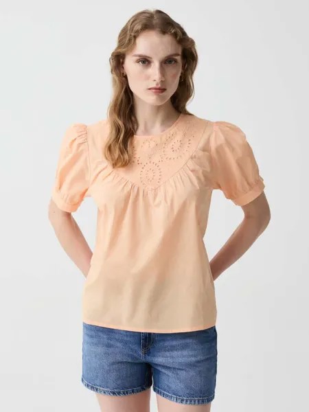 Хлопковая блузка со вставкой из английской вышивки Ovs, цвет peach orange
