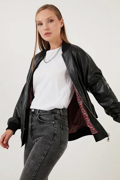 Пальто из искусственной кожи Oversize College с воротником на молнии 6230116 Lela, черный