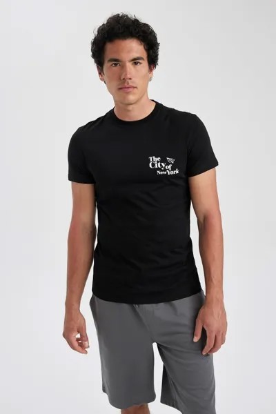 Облегающая футболка из 100 % хлопка с круглым вырезом и принтом DeFacto, черный