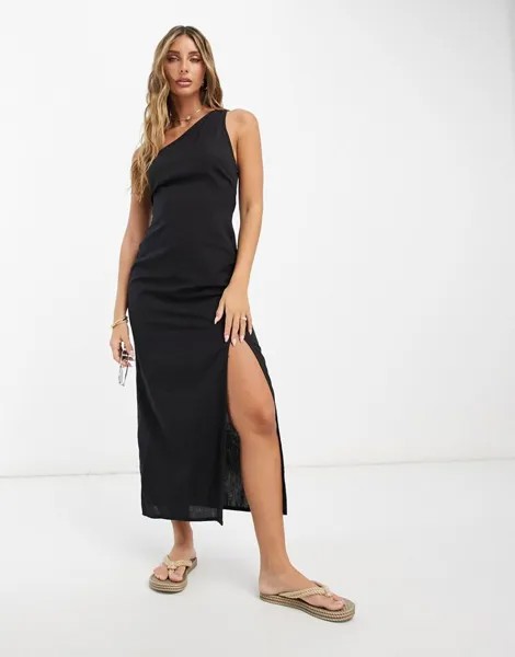 Черный льняной сарафан миди на одно плечо с разрезом на бедрах ASOS DESIGN