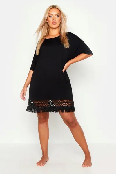 Пляжное платье Plus с кисточками и подолом, связанное крючком boohoo, черный