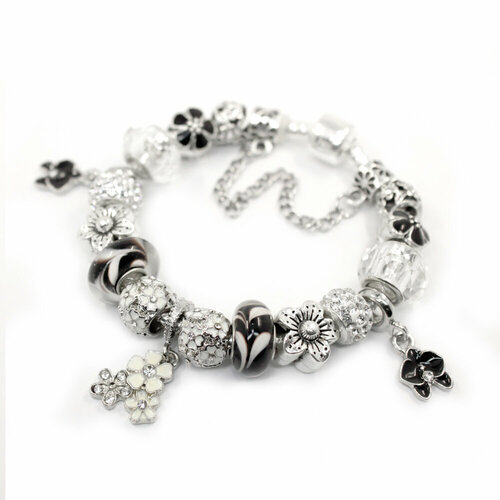 Браслет-цепочка Handinsilver ( Посеребриручку ) Браслет с шармами на основе из бижутерной стали, стекло, муранское стекло, стразы, 1 шт., размер 18 см, черный
