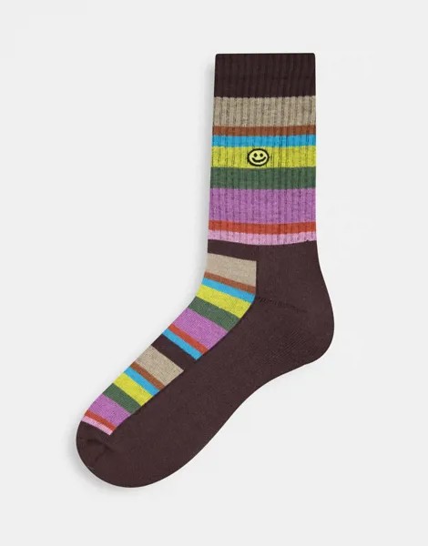 Спортивные носки в полоску с вышитыми смайликами ASOS DESIGN-Разноцветный