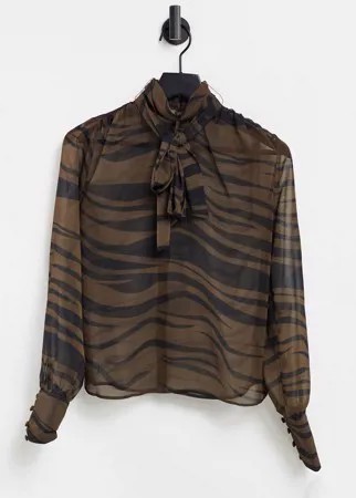 Блузка с длинными рукавами, тигриным принтом и завязкой на бант ASOS DESIGN-Многоцветный