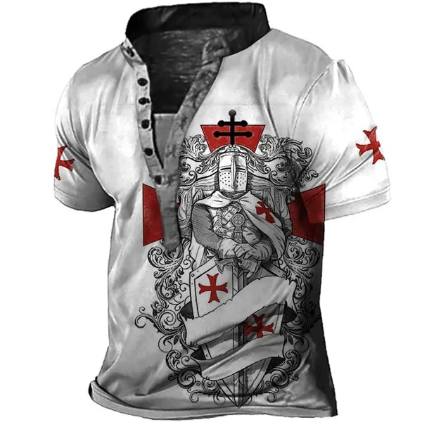 Мужская винтажная футболка с принтом Templar Cross Henley Collar