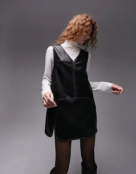 Черный мини-сарафан из искусственной кожи с отделкой Soft Touch Topshop