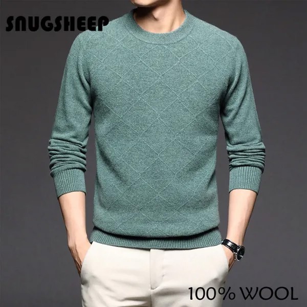 Дизайнерский пуловер с узором ромбиками, зимний свитер, Мужская плотная одежда, зеленые вязаные свитера, модная уличная одежда, Корейская одежда с длинным рукавом
