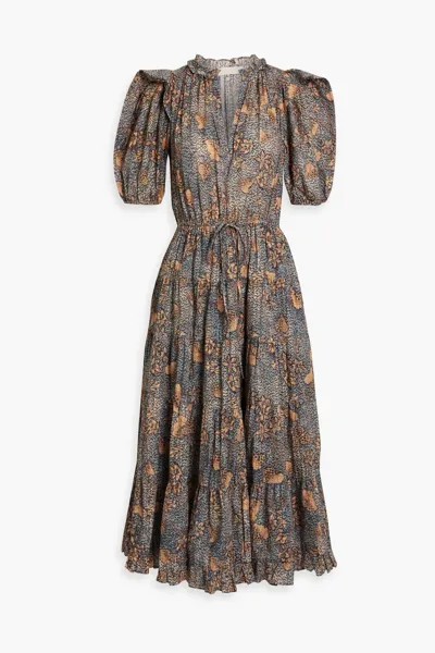 Платье миди Ava из смесового хлопка с принтом и сборками Ulla Johnson, персик