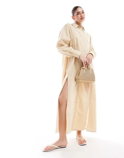 Платье-рубашка макси Asos Design  With High Double Split, светло-бежевый