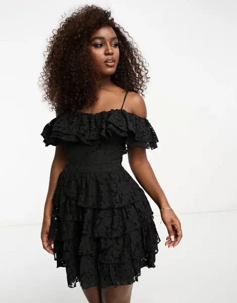 Черное кружевное мини-платье Miss Selfridge с юбкой с рюшами