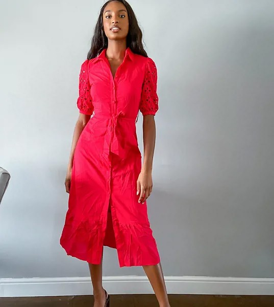 Платье-рубашка миди с вышивкой ришелье на рукавах Fashion Union Тall-Красный