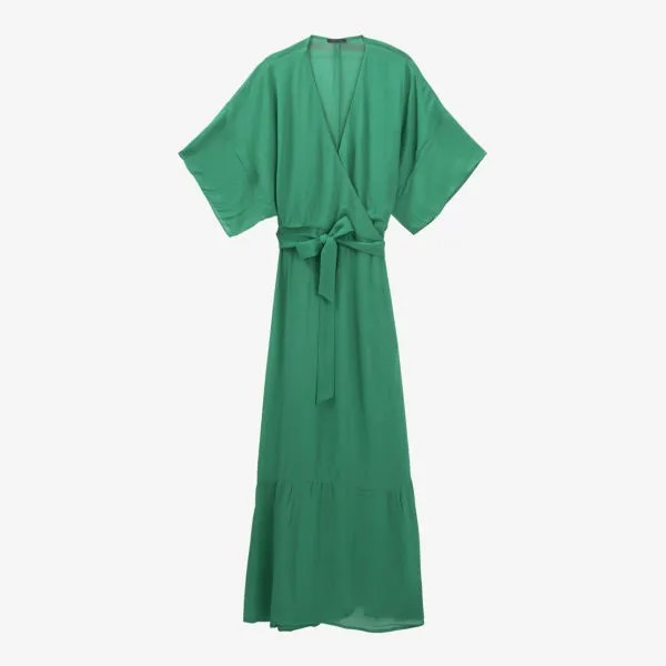 Тканое платье миди с запахом и оборками, короткими рукавами Ikks, зеленый