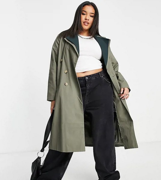 Oversized-тренч с двухслойным воротником из контрастного материала Fashion Union Plus-Зеленый цвет