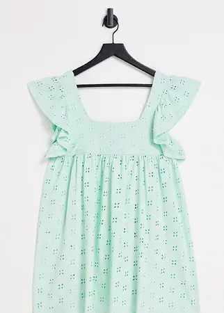 Мятное платье мини с квадратным вырезом, вышивкой ришелье и короткими рукавами с рюшами ASOS DESIGN Petite-Зеленый цвет