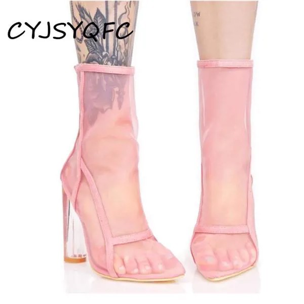 Прозрачные женские ботинки с острым носком, дышащие сетчатые сандалии, Новые Сексуальные Разноцветные ботфорты