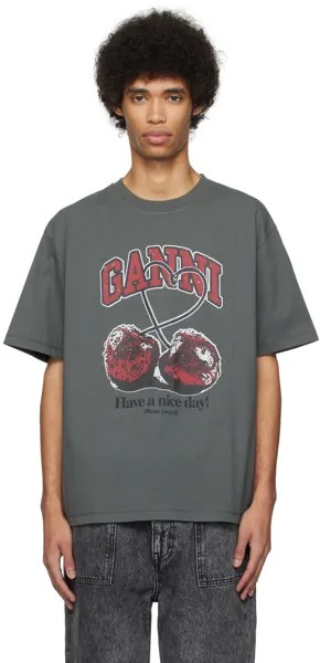 Серая вишнёвая футболка Ganni, цвет Volcanic ash