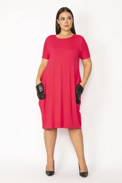 Женское вискозное платье большого размера цвета фуксии с карманами и пайетками 65n28966 Şans, розовый