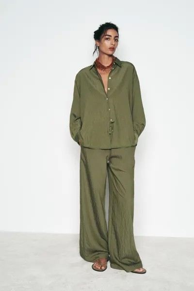 Рубашка в тонкие полоски ZARA, хаки
