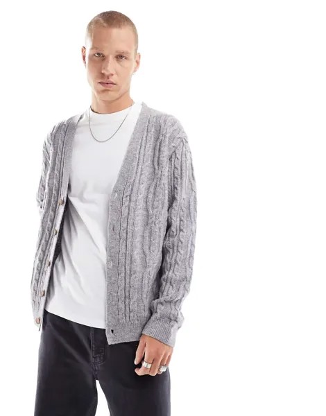 Серый тяжелый вязаный кардиган косой вязки ASOS