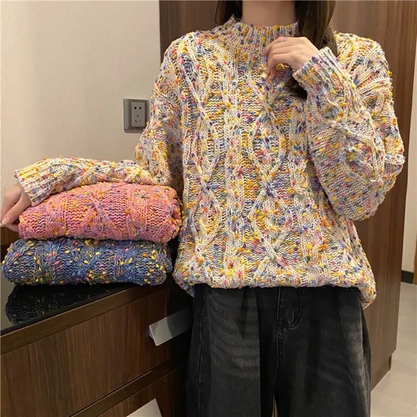 Женский вязаный свитер, вязаный корейский пуловер смешанных цветов с воротником-хомутом, вязаный теплый джемпер для осени и зимы