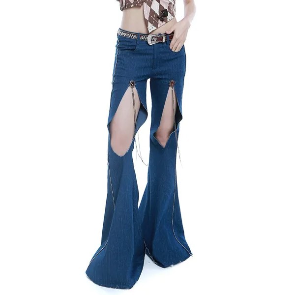 Японские Женские джинсы Harajuku в стиле панк с заниженной талией, бриллиантами, бисером, кисточками, дырками, тонкие, большие, синие, джинсы для женщин