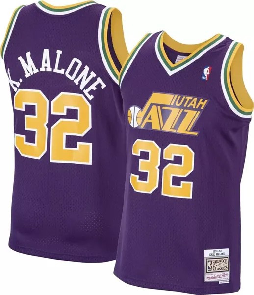 Мужская майка Mitchell & Ness 1991 года Utah Jazz Karl Malone #32 фиолетового цвета из твердой древесины Classics Swingman