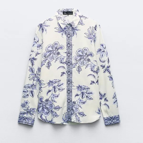 Рубашка Zara Greek Floral Print, синий/белый