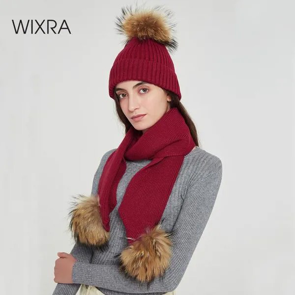 Wixra шапка с помпонами из лисьего меха + вязаный шарф, комплект из 2 предметов, зимняя одежда, Шапка-бини, новая Толстая Женская шапка на осень