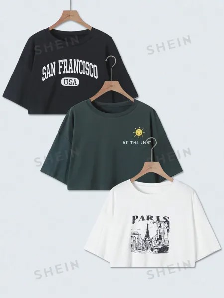 EZwear, Комплект из трех Женских футболок с короткими рукавами и буквенным узором размера плюс Shein, мультиколор