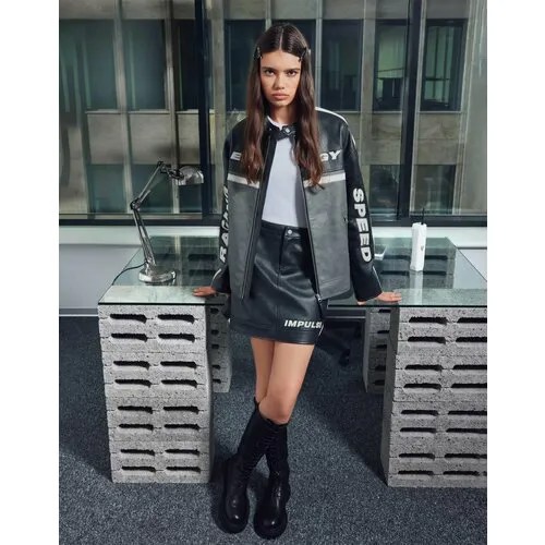 Кожаная куртка Gloria Jeans Ready! Steady! Go!, размер L (48-50), серый, черный