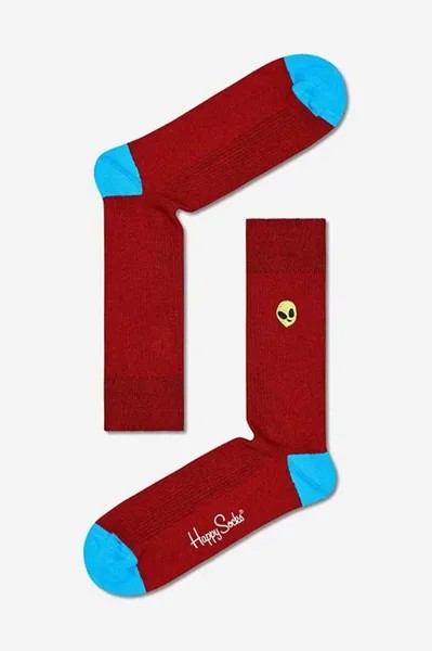 Носки в рубчик с вышивкой Happy Socks, красный