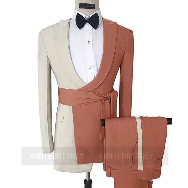 Модный коралловый красный бежевый Свадебный костюм для жениха с поясом 2021, приталенный модный мужской костюм для выпусквечерние вечера, пиджак и брюки, костюм из 2 предметов