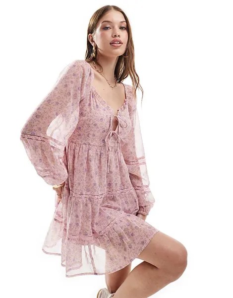Розовое шифоновое платье мини Miss Selfridge с цветочным принтом