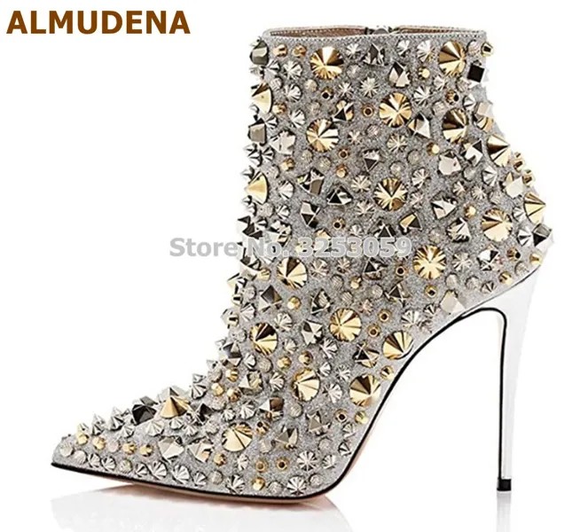 Блестящие золотые металлические шпильки ALMUDENA, ботильоны на шпильке, Серебряные Шипы в виде ракушек, ботинки с острым носком, Классическая обувь знаменитостей